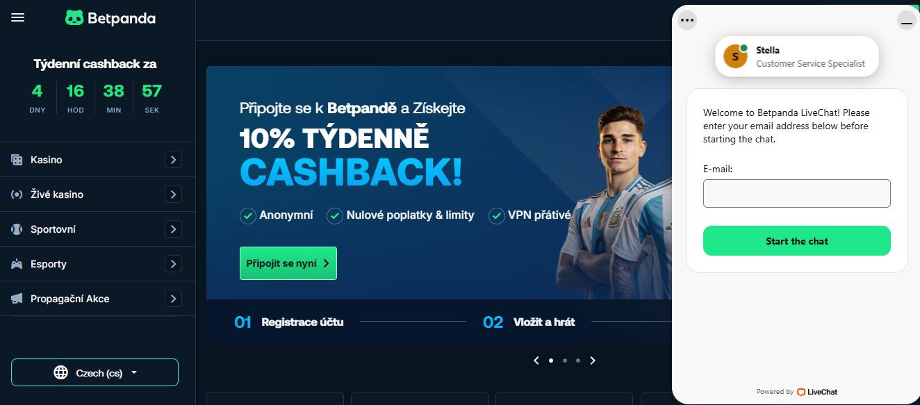 Zahajte live chat s podporou Betpanda a získejte okamžitou pomoc od specialisty